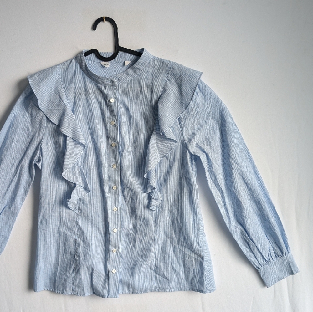 Cupcakes and Cashmere Button Down Ruffle Detail Collarless Blouse Light Blue
